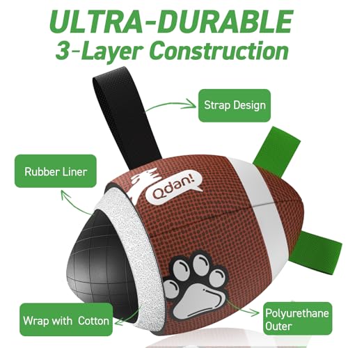 Image of QDAN Dog Toys Football, Interactive Dog Toys for Tug of War,Superbowl Football Party Decorations Favor, Dog Water Toy, Durable Dog Balls for Small & Medium Dogs(8 inch) | Superbowl Football Party Decorations Favor, Durable Dog Balls with Straps for Small Medium Large Dogs, <90 lbs Dog Water Toy