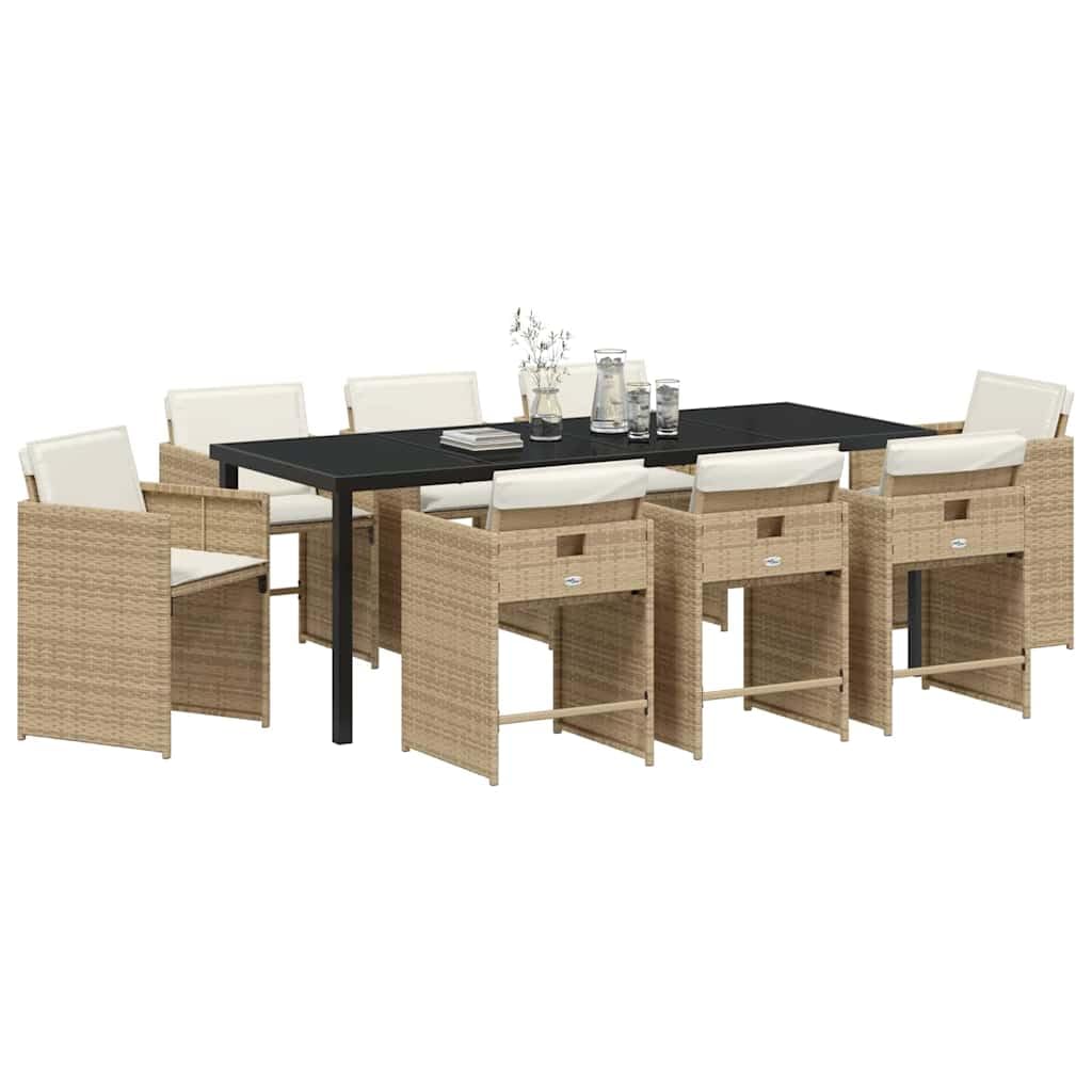 Salon de jardin 9 pièces en polyrotin beige avec coussins, cadre en acier revêtu par pulvérisation, plateau en verre trempé, meubles de salon d'extérieur résistant aux intempéries pour