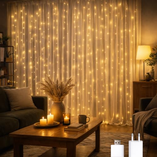 M mimotec - Guirlande Rideau LED Extérieure avec USB, longueur 3X2M, lumière chaude 2700K, IP65 Etanche, idéale pour terrasses et jardins. LM2962