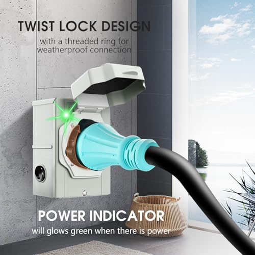 50 Amp Generator Cord 25FT and Power Inlet Box, 125V/250V Extension Power Cord, NEMA 14-50P/SS2-50R Twist Lock Connector, NEMA SS2-50P Pre-Drilled Inlet Box for Generator to House, ETL Listed