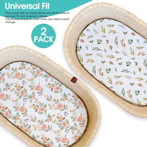 Image of Stretch Fitted Bassinet Sheet Set BROLEX 2 Pack Cradle Sheets for Bassinet Pad /Mattress,Unisex Boys Girls,Ultra Soft,Rose Foliage