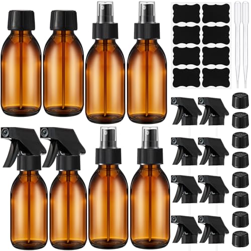 Honeydak 8 Set 4 oz Amber Glass Spray Bottles Kit Small Empty Spray Bottle for Essential Oil Mini Fine Mist Spray Bottle with Nozzle Dropper Label Refillable Container for Cleaning Solutions Skin Care
