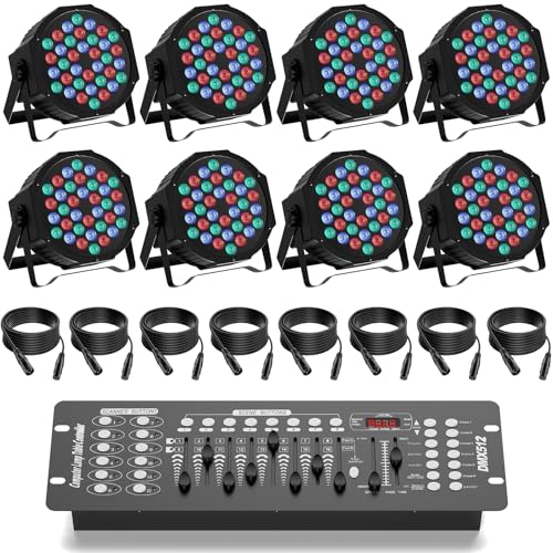 GdjRttk 8PCS Par LED con Controller D-MX, RGB 72W Luci del Palco con Telecomando e Cavo D-MX, Attivata dal Suono Luce di Scena con 7 Modalità di Illuminazione per Feste Discoteca Bar Halloween Natale