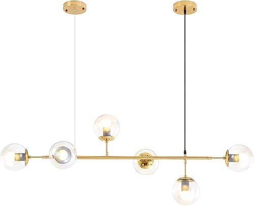 Candelabro moderno, 6 lámparas colgantes de oro claro con pantalla de cristal, lámpara Sputnik grande de mediados de siglo ajustable en altura de