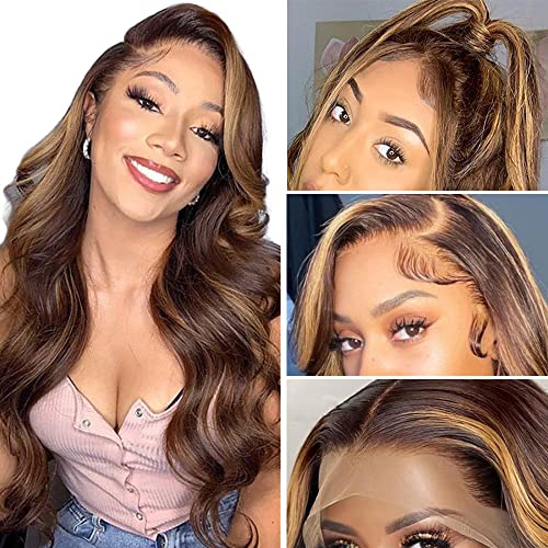 13x4 Free Part Highlight Wig Human Hair Ombre Highlight Colored Wig Human Hair 4/27 Brown and Honey Blonde Body Wave Brazilian Human Hair Wigs for Black Women HD Lace Frontal Wigs