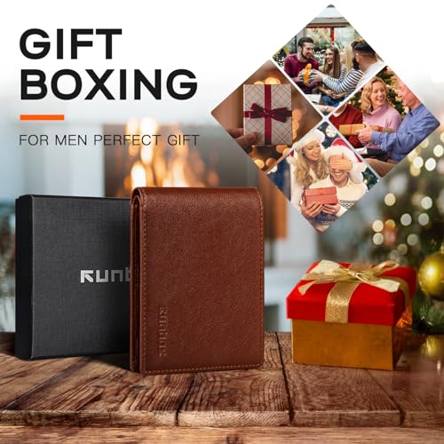 Image of RUNBOX Wallet for Men Slim Leather Bifold RFID Blocking Minimalist Front Pocket Design with Gift Box | Minimalist Front Pocket Design, Holds 8 Cards, RFID Protection, Gifts for Men on Birthdays, Father's Day, and Christmas