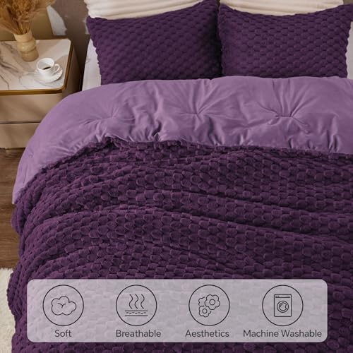 Image of BEDELITE Fluffy King Size Comforter Set - Purple Fleece Soft Comforter for King Size Bed, Luxury Warm Bedding Set for Winter, Fuzzy Bed Set 3 Pieces (1 Comforter, 2 Pillowcases)