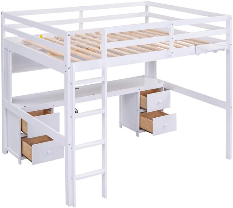Full Size Loft Bed, Storage Loft Bed with Under-Bed Desk and Cabinets, Space Saving Wooden Full Bed Frame with Charging Station, 4 Drawers and Bedside Tray for Bedroom, White