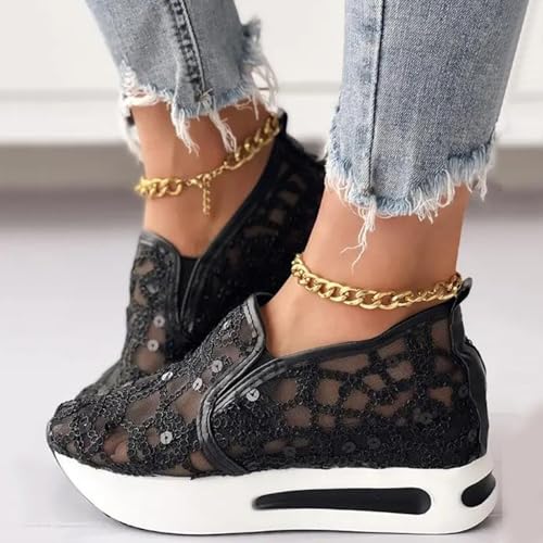 Women's Floral Embroidery Mesh Sneakers Breathable Slip On Wedges Walking Shoes Fashion Sequin Lace Platform Sneakers Hidden Wedge High Top Comfort Work Outdoor Travel Sports Shoes2