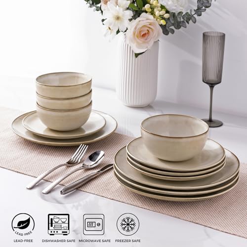 Image of GBHOME Ceramic Dinnerware Sets for 4, 12 Pieces Stoneware Plates and Bowls Sets, Reactive Glaze Dishes -Scratch Resistant, Dishwasher&Microwave Safe-Cappuccino