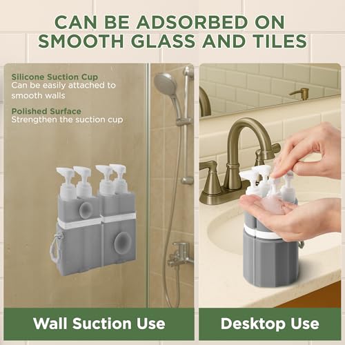 4-in-1 Travel Bottles for Toiletries, TSA Approved Travel Size Toiletries, Leak Proof Refillable Travel Size Shampoo and Conditioner Sets with Wall-Mountable Suction Cup, Gray3