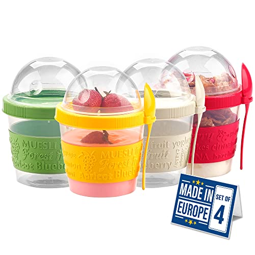 Crystalia 4 Pack 17 oz On The Go Yogurt Parfait Cups with Lids, Mini Breakfast On the Go Plastic Bowls with Topping Cereal Oatmeal Container with Spoon for Lunch, Portable & Reusable, Colorful Set