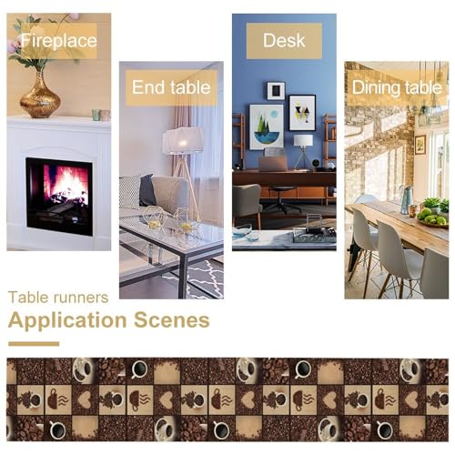 Image of Coffee Print Table Runner - Non-Slip Rectangle Modern Art Abstract Heart Print for Dining Room, Kitchen, Living Room - 13x120 Inch