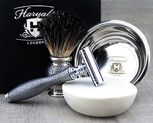 Haryali London, Set da Barba Uomo Completo 4 Pezzi – Kit Rasatura a Umido con Rasoio di Sicurezza Doppia Lama, Pennello da Barba in Tasso, Ciotola in Acciaio Inox e Sapone da Barba