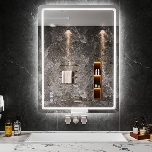 LED Bathroom Mirror 24x32 Inch Front and Backlit LED Mirror for Bathroom 3 Colors Dimmable Anti-Fog, Wall Mounted Vanity Mirror with Lights