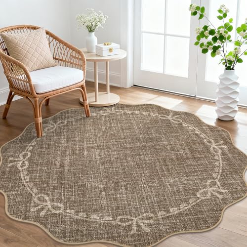 GarveeHome 6ft Round Rugs Washable Scalloped Bow Rug for Bedroom, Brown