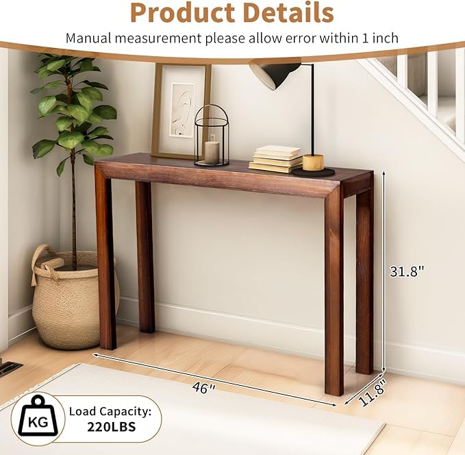 Image of Wooden Console Table Modern Solid Wood Entryway Table for Living Room, Hallway, or Office Slim Design | Dark Brown | 116.8 x 30 x 80.9 cm