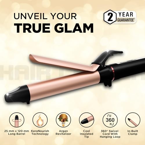 Image of Havells Hair Curler | KeraNourish + Argan Revitalizer | Long Barrel | Anti - Scalding Design |In Built Clamp | For Bouncy Curls | 2 year Guarantee | HC4141