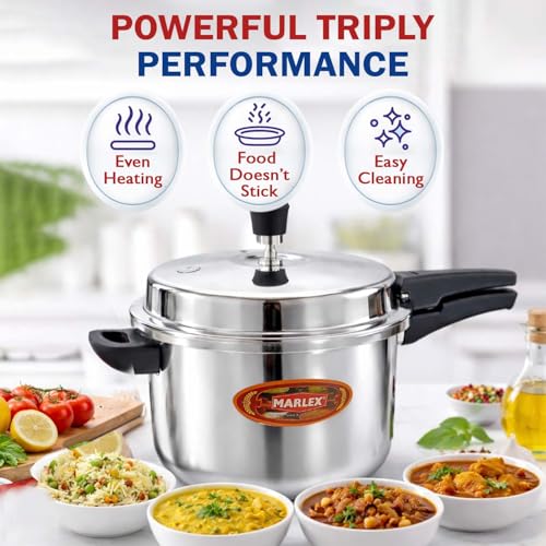 Image of Marlex Triply Stainless Steel 5 Litres Pressure Cooker with Outer Lid | Triply Steel Cooker with 3mm 3- Layer Thick Body, for Multi Cooktop Induction, Gas, Hot plate, Strong Sturdy Handle -5 Year Wrty