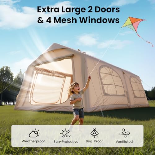Image of Inflatable Tents for Camping, Large Blow Up Tent with Hand Pump, Easy Setup InflatableTent 4 Season Tent, Waterproof Oxford Air Glamping Tents for Camping Adult 4 /6 /8 /10 /12 Person