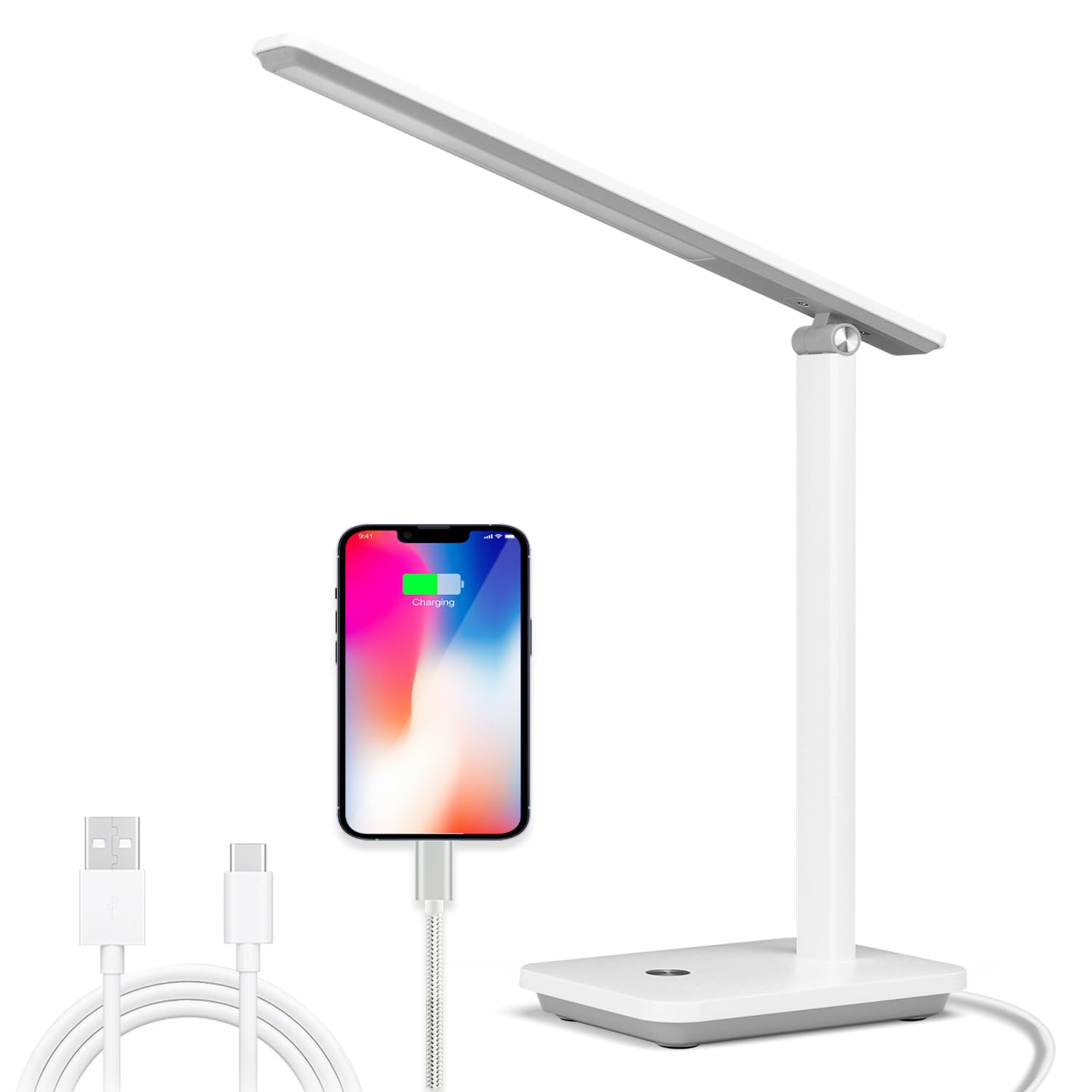Aigostar lámpara escritorio LED, flexo LED escritorio plegable con cable, puerto USB y tipo C, 3 modos y 4 niveles de brillo, función de memoria, flexible ajustable, control táctil, blanco-gris