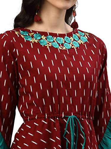 Image of Yash Gallery Women's Fit And Flare Calf Length Cotton Ikat Printed Flared Dress