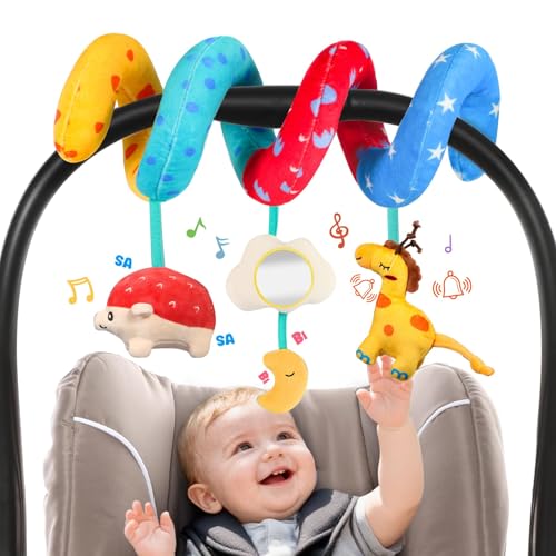 Image of URMYWO Spiral Car Seat Toys for Babies 0-6 Months, Hanging Toy Fits Stroller, Sensory Baby Toy with Bell Crinkle Mirror, Newborn Shower Gifts for Baby Boys and Girls Essentials Stuff