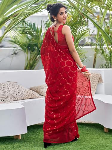 Image of Satrani Women's Georgette Sequence Work Saree with Unstitched Blouse Piece