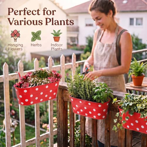 Image of TrustBasket Dotted Oval Railing Planters Basket - Red (Set of 5) | Hanging Planter | Anti Rust Plant Container Gamla for Home Decor | Indoor & Outdoor