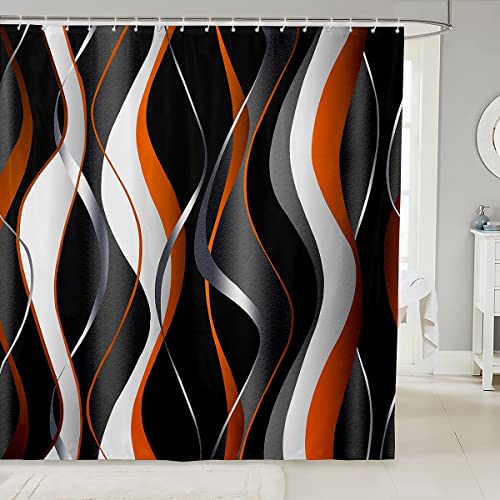 Loussiesd Orange Grey Black Shower Curtain Geometric Spiral Pattern Fabric Shower Curtains for Boys Girls Modern Luxury Bathroom Waterproof Accessories with 12 Hooks Abstract Art Curtains,72x78 Inch