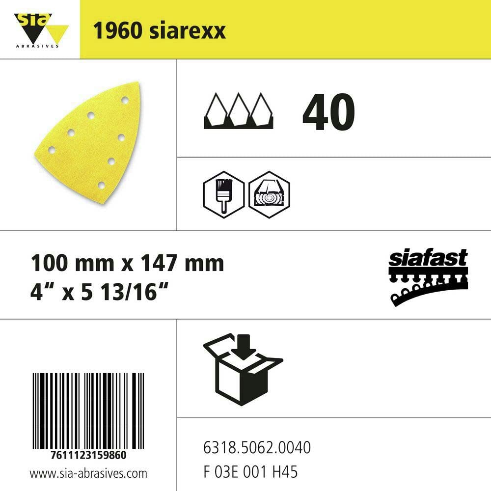 sia Abrasives Siarexx 6318.5062.0040 Lot de 50 feuilles de papier abrasif, 7 trous, 147 x 100 mm, grain 40