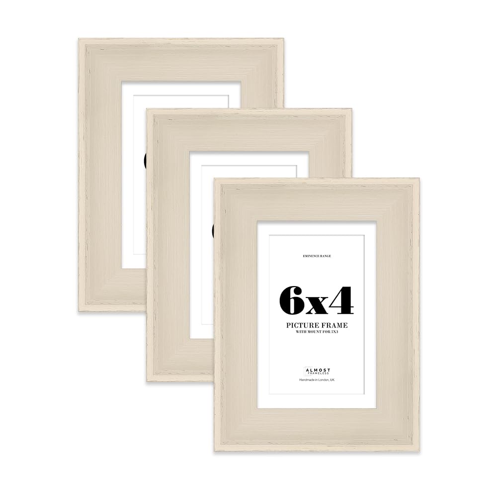 6x4" Cream Picture Frame with 5x3" Mount - Shabby Chic Photo Frame with Distressed Finish, Wall Hooks and Kickstand, 32mm Edge - 3 Pack