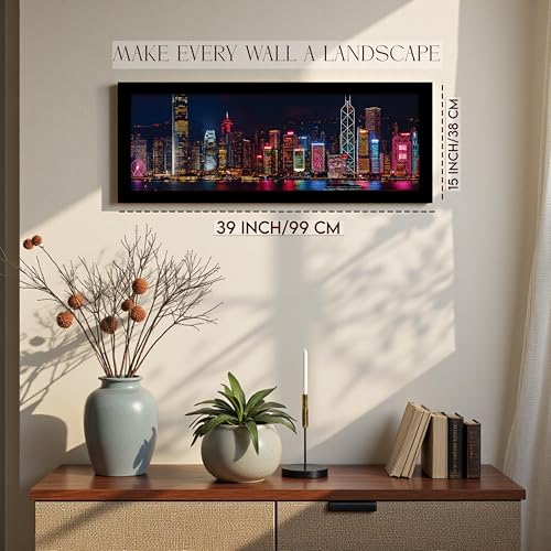 Image of PAINTINGMANTRA Vibrant Hong Kong Skyline at Night Cityscape Wall Art Framed Luxury Paintings for Home Decoration, Living room, Bedroom and Office Decoration (99x38 CM)