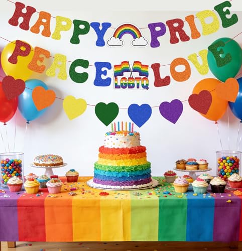 Image of Pre Strung Happy Pride Peace Love Banner Pride Month Decorations, Glitter Rainbow Sign for LGBTQ+ LGBT Party Lesbian Gay Bisexual Transgender Celebration Office Home Indoor Photo Props Backdrop Decor