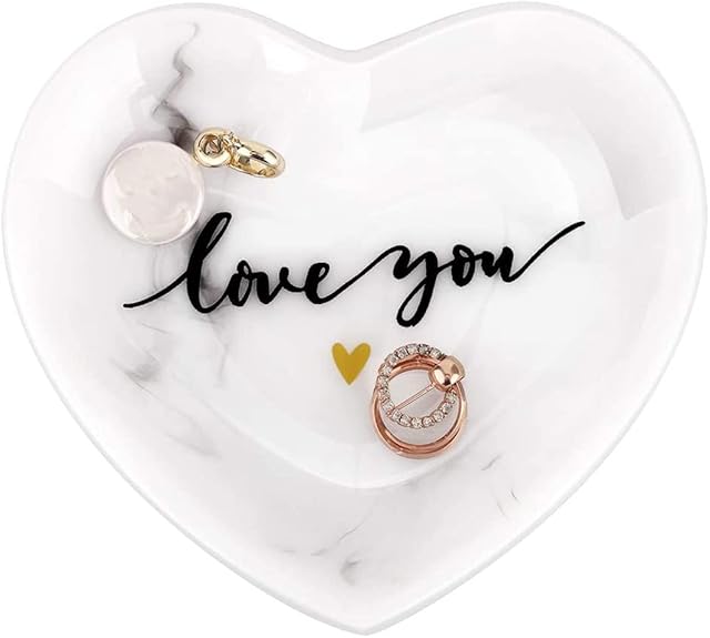 Emibele Jewelry Tray Dish for Women Girls, Ring Dish Decorative Trinket Plate with Words - Love You for Her Mom Daughter Sister Best Friend, White Ink