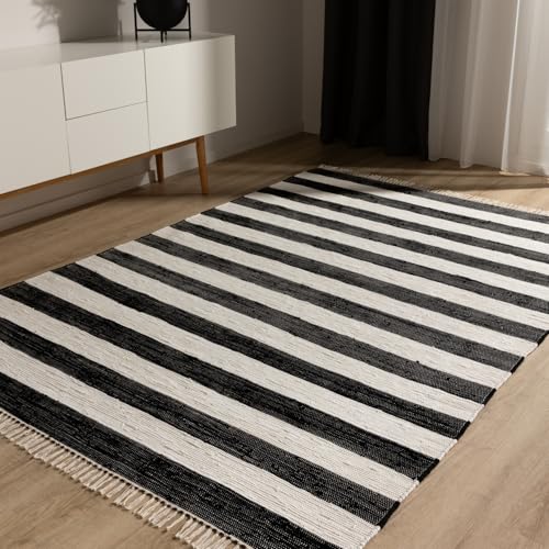 benuta Pop Alfombra Algodón Tom - Negro/Crema 60x100 cm - Tejida a Mano para Dormitorio, Sala de Estar y Salon - 100% Reciclado - Apta para Suelos radiantes