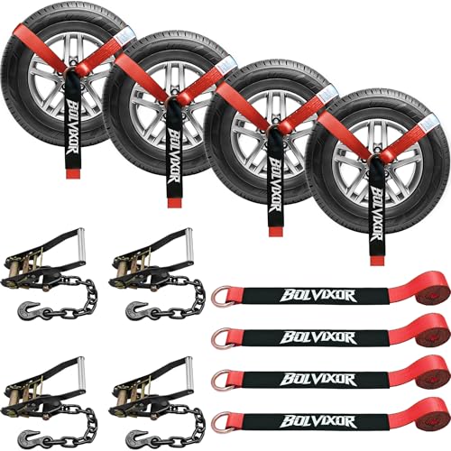 Bolvixor 4 Pack Car Tie Down Straps for Trailers - 2 x 96 - 9900LBS Break Strength - Tire Ratchet Straps with Heavy Duty Chain Anchors for Hauling UTV SUV Truck Any Cars