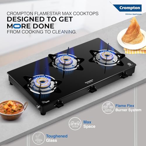 Image of Crompton FlameStar Max 3 Burner Glass Top LPG Gas Stove | 1 Jumbo & 2 Medium Brass Burner | Max Space | Easy Cleaning | Toughened Glass| Tri Pin Brass Burners |2 Year Manufacturer's Warranty