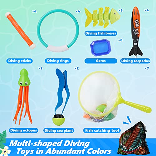 Bellochiddo Pool Diving Toys Games - 34 Pcs Swimming Pool Toys Underwater Dive Gifts With Storage Bag Summer Pool Toys For Kids Ages 8-12, Training Diving Swim Toys For Boys Girls Toddlers #TOP6