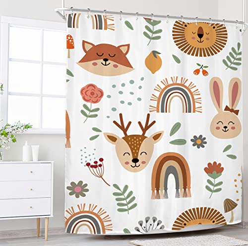 Riyidecor Kids Baby Woodland Boho Shower Curtain For Bathroom Accessories 72Wx72H Inch Animals Cartoon Cute Funny Forest Colorful Flowers Rainbow Children Fabric Bathroom Decor 12 Pack Plastic Hooks #TOP1