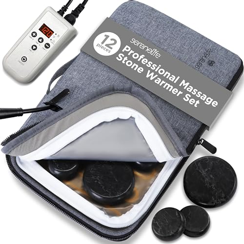 SereneLife Hot Stone Massage Kit Portable Basalt Stone Set with Travel Heating Bag 12 Pieces Digital Temp Control SpaQuality Heat Therapy for Home Back & Body