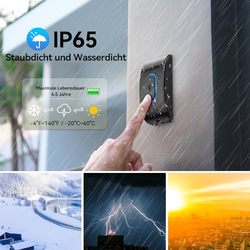 TECKNET Funkklingel, IP65 Wasserdicht Türklingel Funk Set, über 400m Funkreichweite, Funk Türklingel Kit, 60 Melodien, 5 Lautstärkestufen, Türklingel Funk mit LED-Blitz, Schwarz