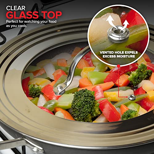 Modern Innovations Universal Lid With Tempered Glass Top For Pots & Pans, Fits 8.25, 9, 10, 11, And 12 Inch Cookware - Large Replacement Frying Pan Cover, Cast Iron Skillet Lids - Stainless Steel #TOP5