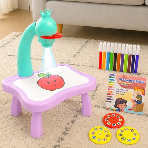 Image of VGRASSP Educational Drawing Projection Table Toy Set for Kids - Creative Tracing Learning Projector Desk with Color Markers, 3 Slides and Art Book for Boys and Girls - Blue