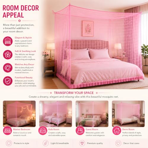 Image of Mosquito Net for King Size Bed & Double Bed (6x7 ft, Wall /Hook Hanging) Poly-Cotton Blend Fabric, Wave Line Pattern, Pre-Fitted Bottom & Cotton Ribbon (Pink)