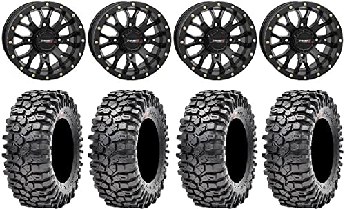 Bundle - 9 Items: System 3 St-3 Black 15" Wheels 32" Roxxzilla Tires [4X156 Bolt Pattern 3/8X24 Lug Kit] #TOP21