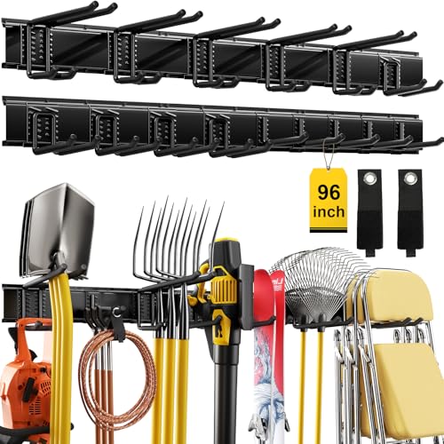 Image of YZSFMZGE 96" Garage Tool Organizer Wall Mount, 1250lbs Heavy Duty Garden Tool Storage Rack with 15 Adjustable Hooks for Yard, Shed, Garage (6 Racks, 15 Hooks, 2 Straps, Steel)