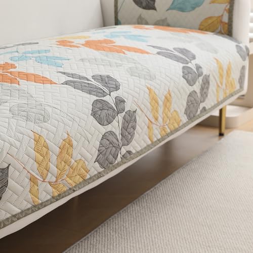 Image of HOKIPO 'HomeHues Series' Printed Quilted Sofa Seat Mat for 1 Seater Sofa with 2 Armrest Covers with Pockets, Multicolor Leaves (IN-806-D2 + IN-814-D2*2)