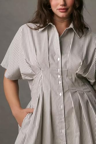 Image of Women's Striped Button Front Pleated Maxi Shirts Dress Short Sleeve Collar V Neck Summer Casual Corset Long Dress