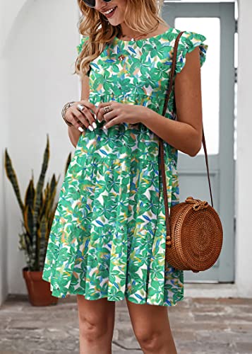 Image of KIRUNDO Summer Dresses for Women Sundress Sleeveless Ruffle Sleeve Round Neck Loose Short Flowy Pleated Mini Babydoll Dress
